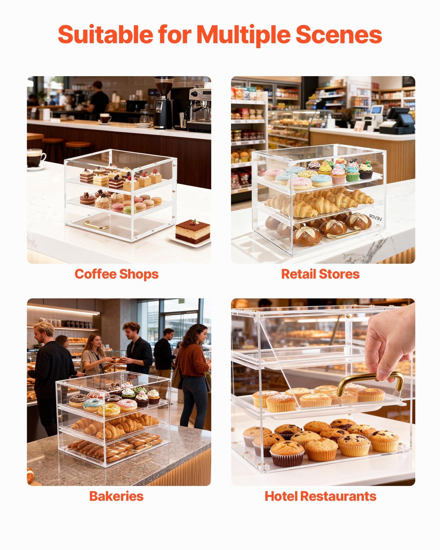 Clear Acrylic Bakery Display Case 3-Tier Pastry Counter with Flip-Up Door