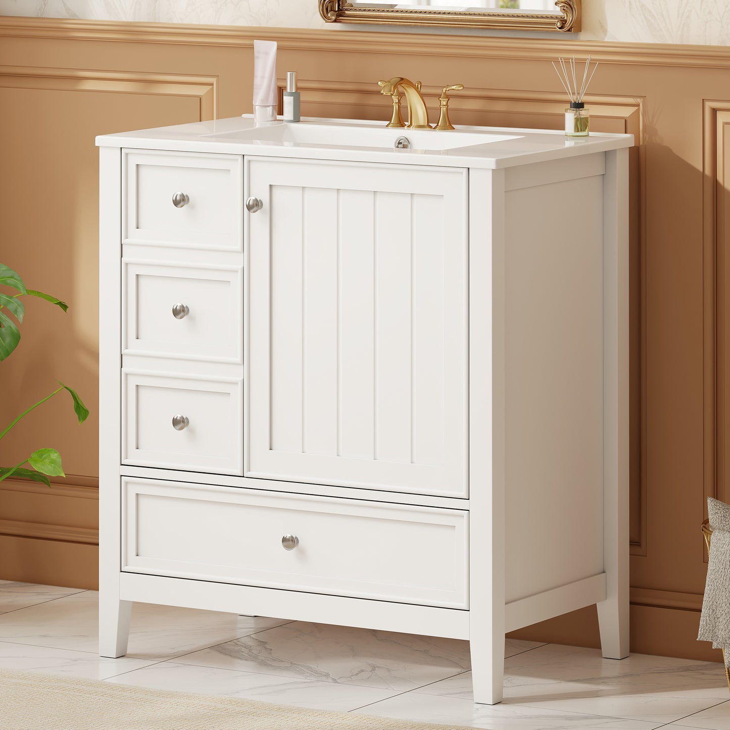 30" Bathroom Vanity with Sink, Cabinet & 3 Drawers - White
