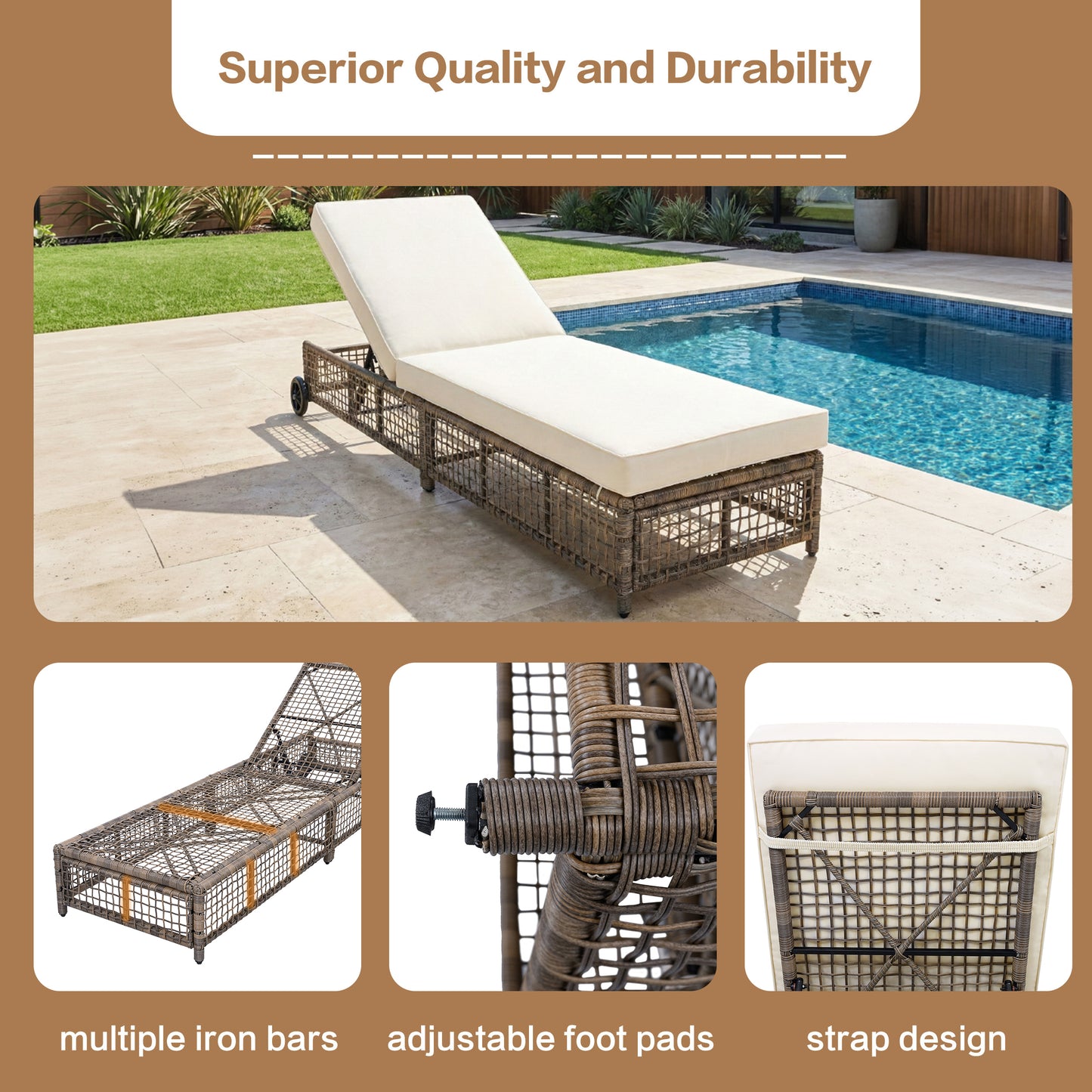 Outdoor Lounge Chair with 5-Position Backrest and Cushion - Beige
