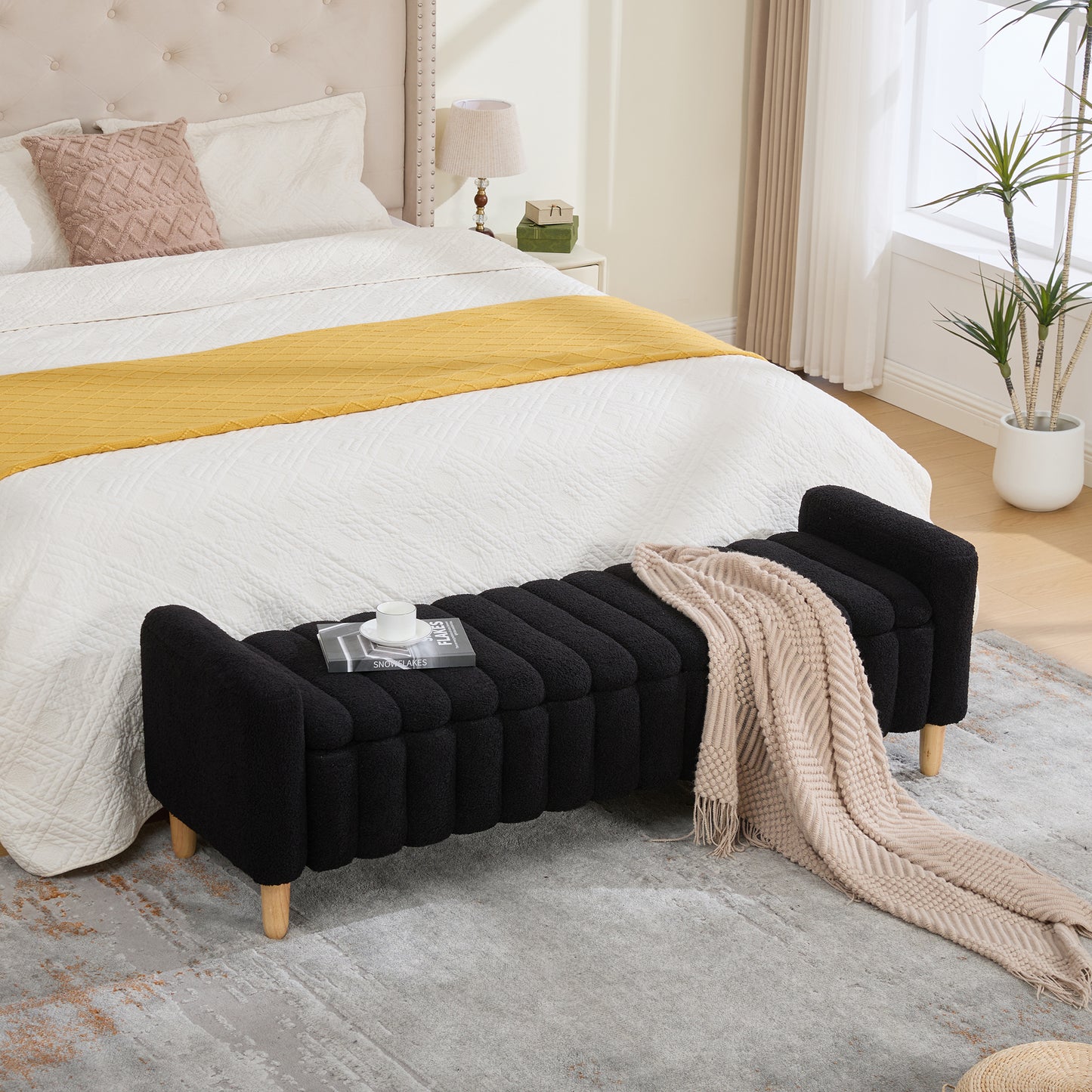 Modern Upholstered End of Bed Bench with Storage - Black