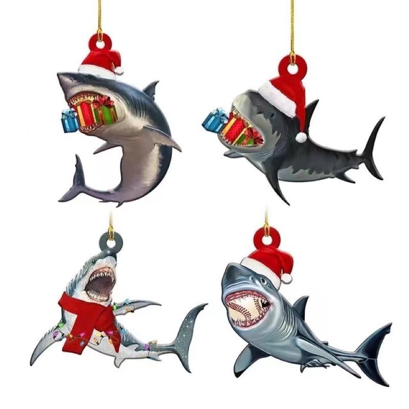 Christmas Shark Wooden Pendant Decoration for Holiday Home Decor