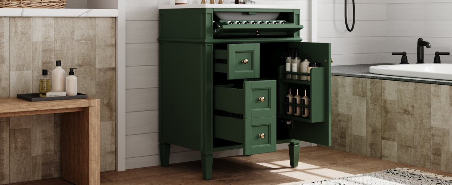 24'' Green Bathroom Vanity with Ceramic Sink & Storage Drawers