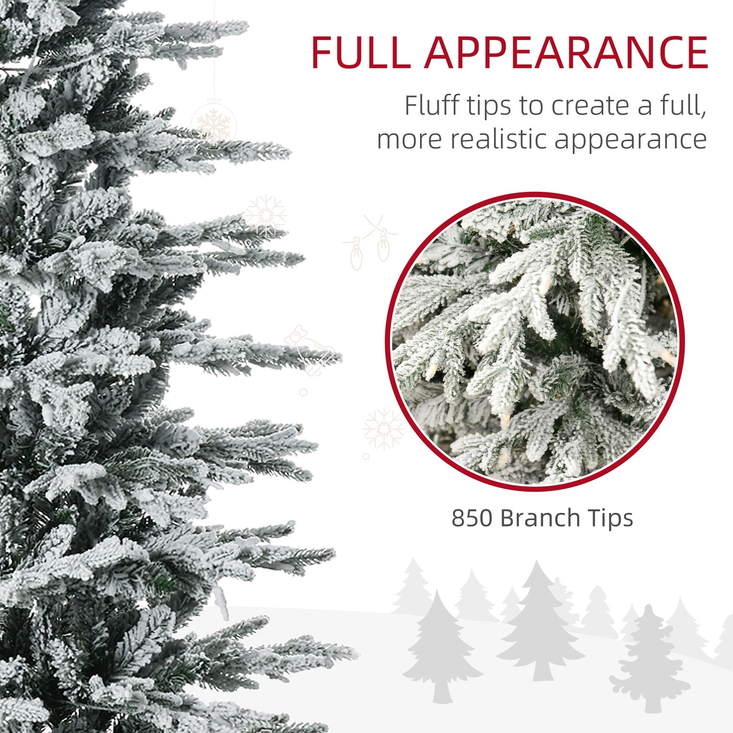 7.5ft Tall Prelit Artificial Christmas Tree with 850 Snow Flocked Branches & 350 Warm Yellow Lights