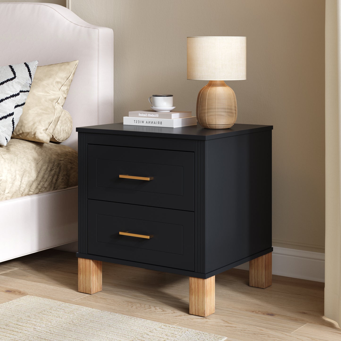 2 Drawer Nightstand with Elegant Fluted Design - Black