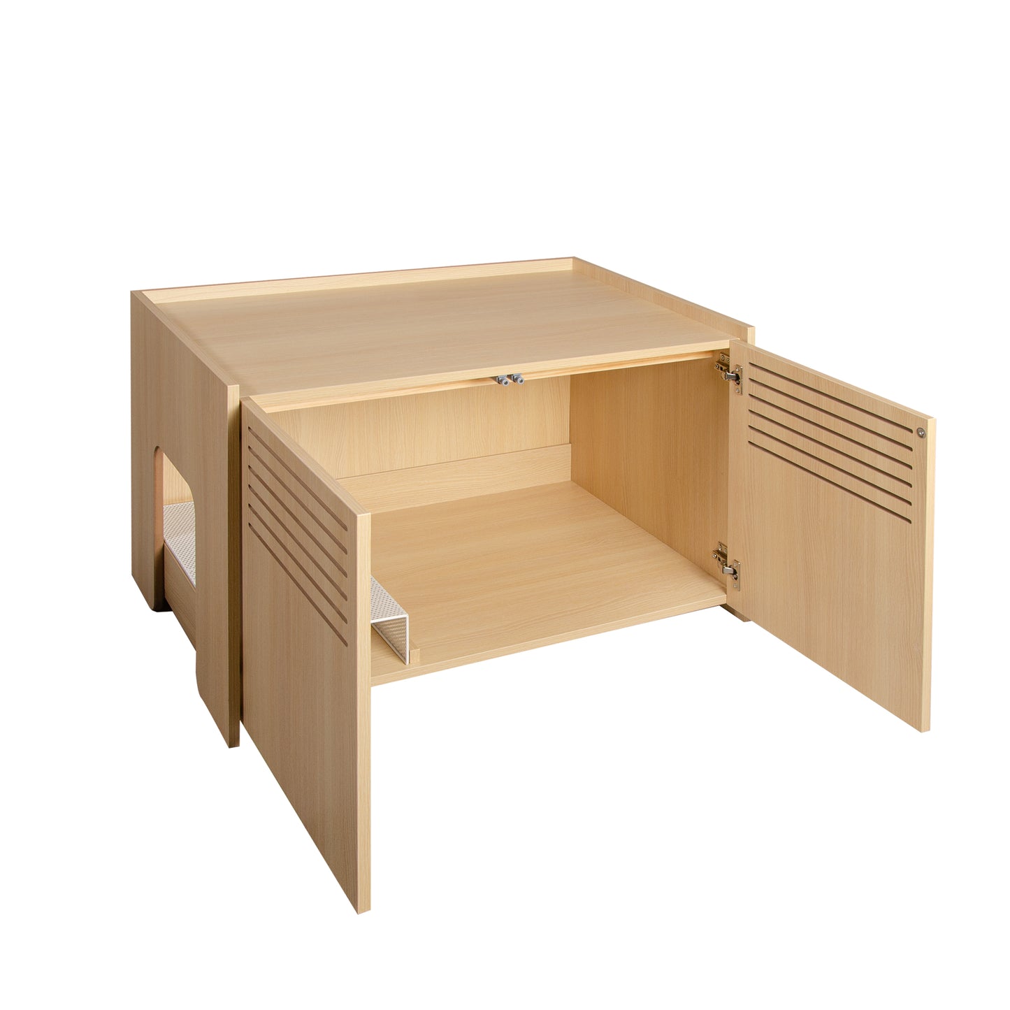 Wooden Cat House with Scratching Pad and Hidden Litter Box, Spacious Pet Furniture