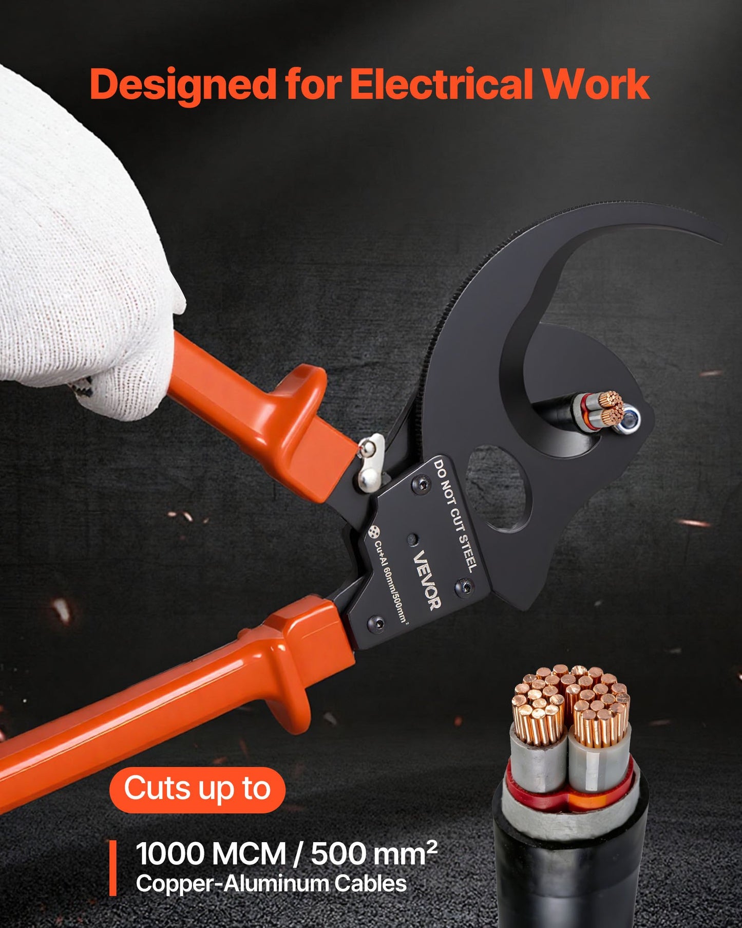 Heavy Duty Wire Cutter for Copper & Aluminum Cables Up to 500mm², Spring Steel Blades