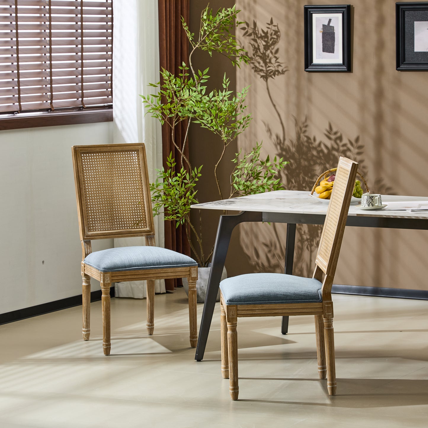 French Country Dining Chairs - Elegant Cane Backrest & Upholstered