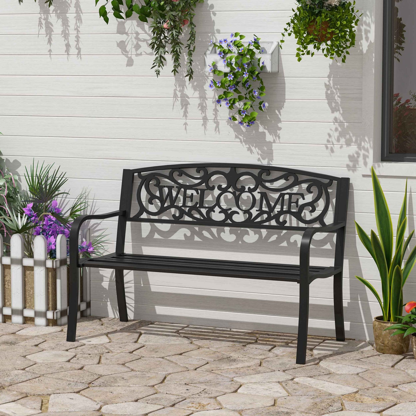 50" Outdoor Garden Bench Loveseat with Decorative Vines - Black