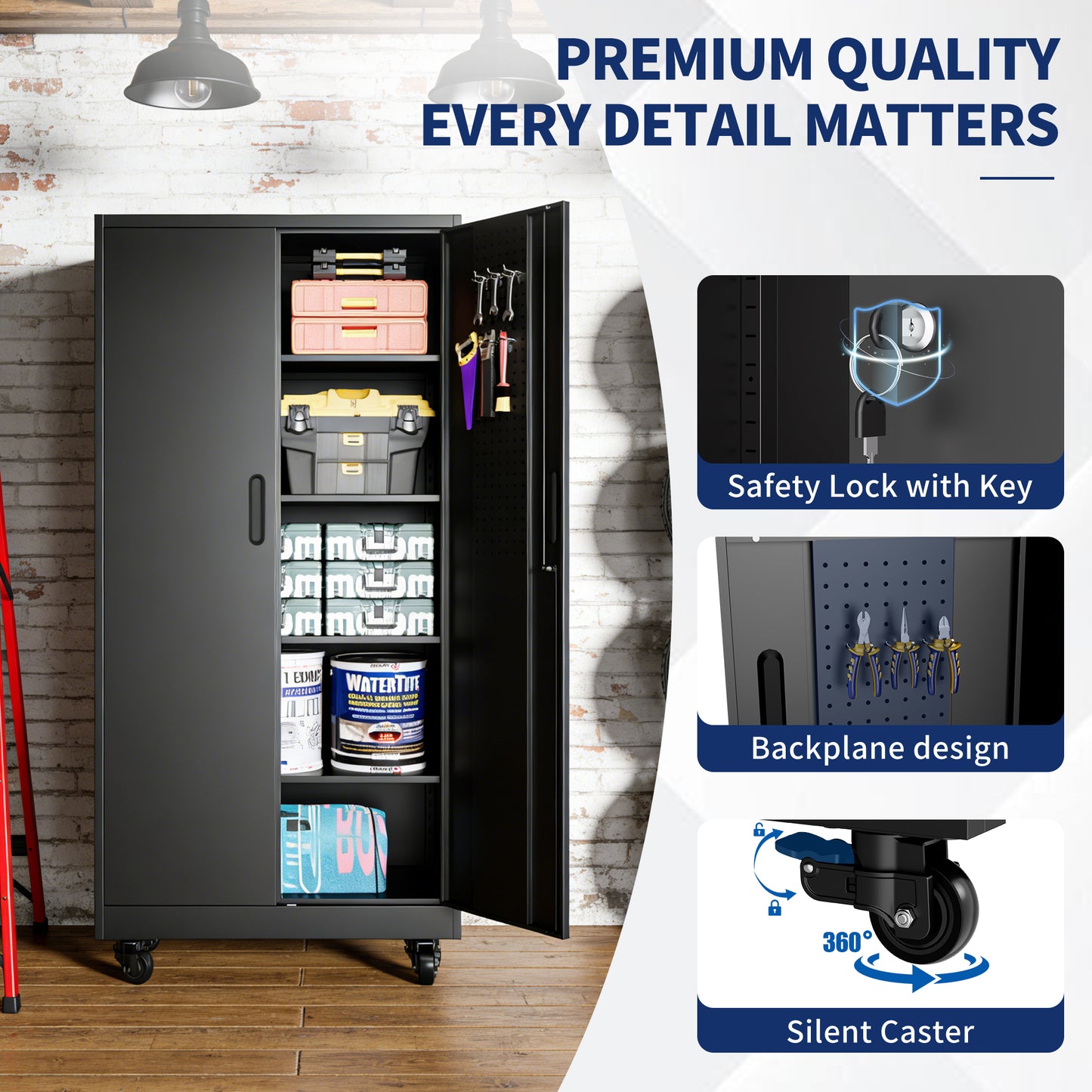 Heavy Duty Metal Storage Cabinet With Doors And Wheels, 71 Tall