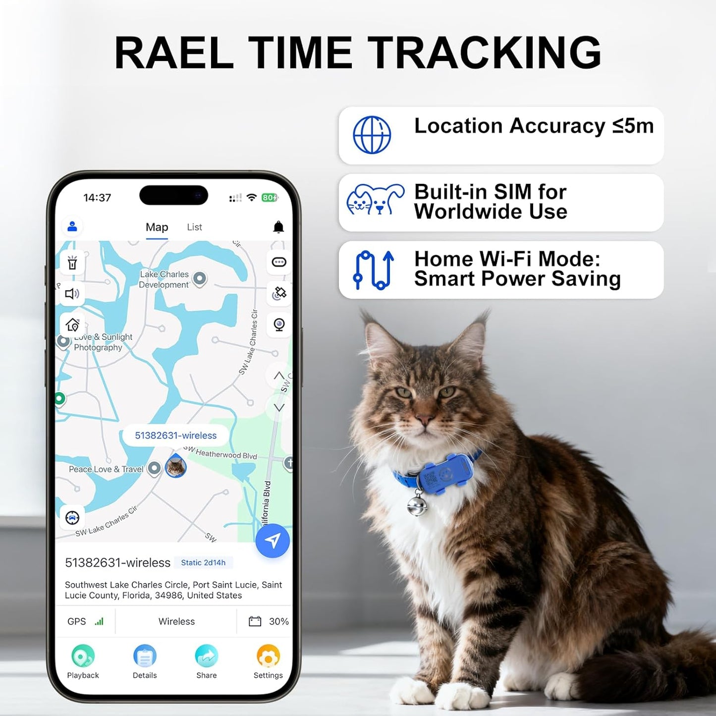 Dog GPS Tracker Real-Time Anti-Lost Collar with Geofence Light Sound Alarm