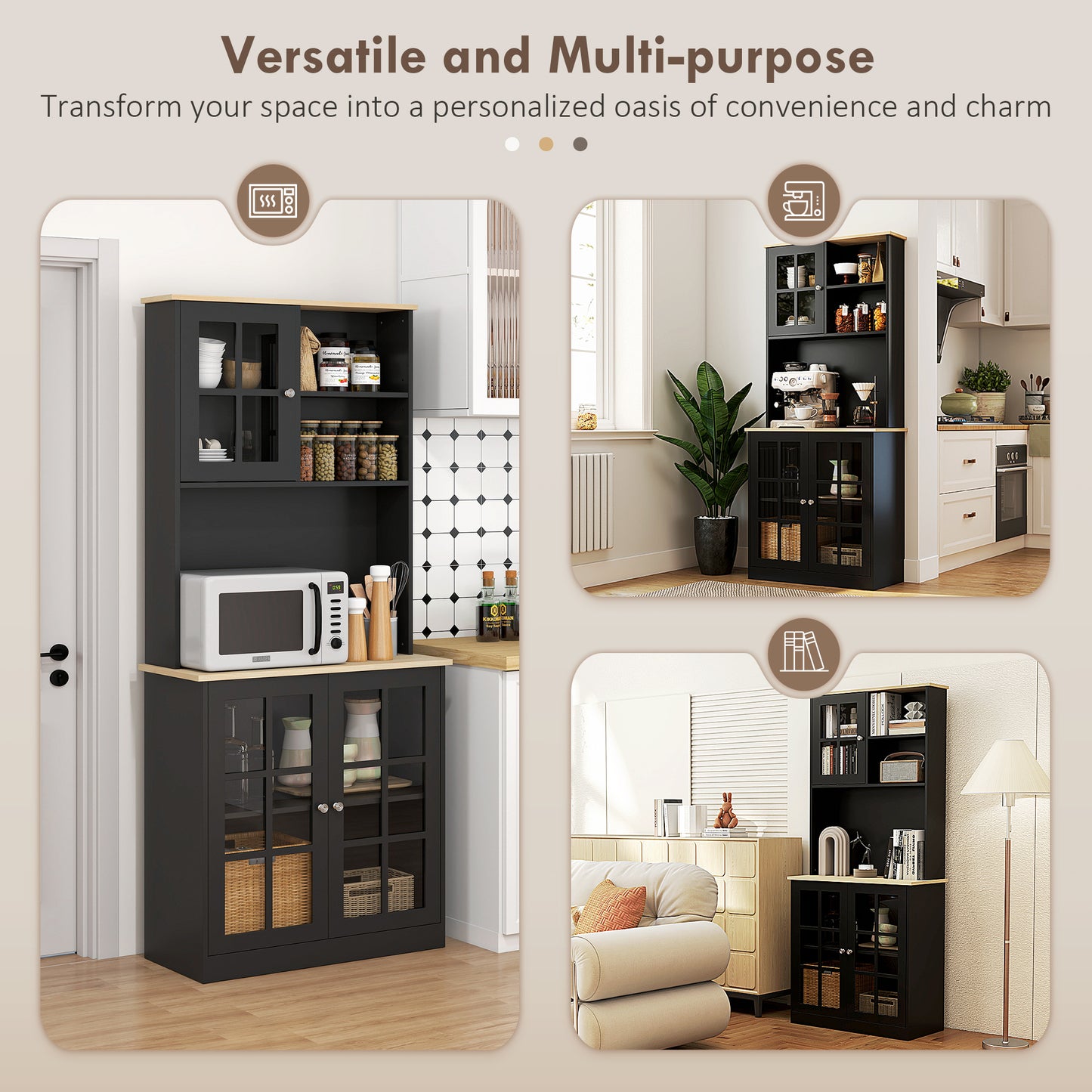 Kitchen Pantry Storage Cabinet, 72" Freestanding Cabinet with Hutch,