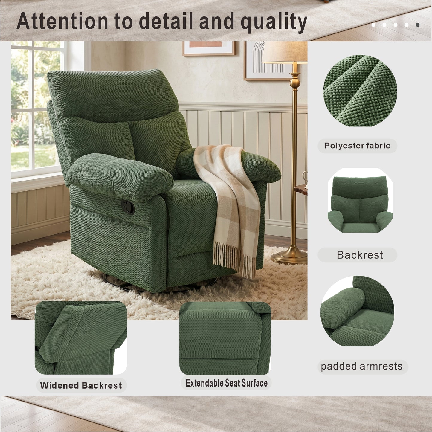 Modern Dark Green Swivel Rocker Recliner Chair - Plush Comfort