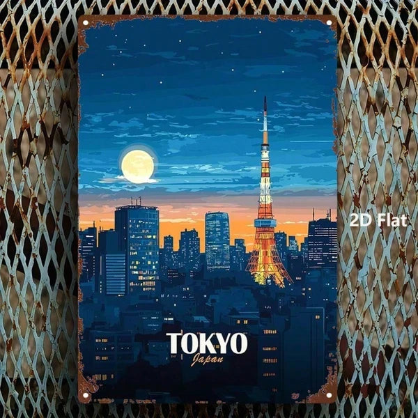 Tokyo Cityscape Metal Sign - 8x12 Inch Rustic Wall Art