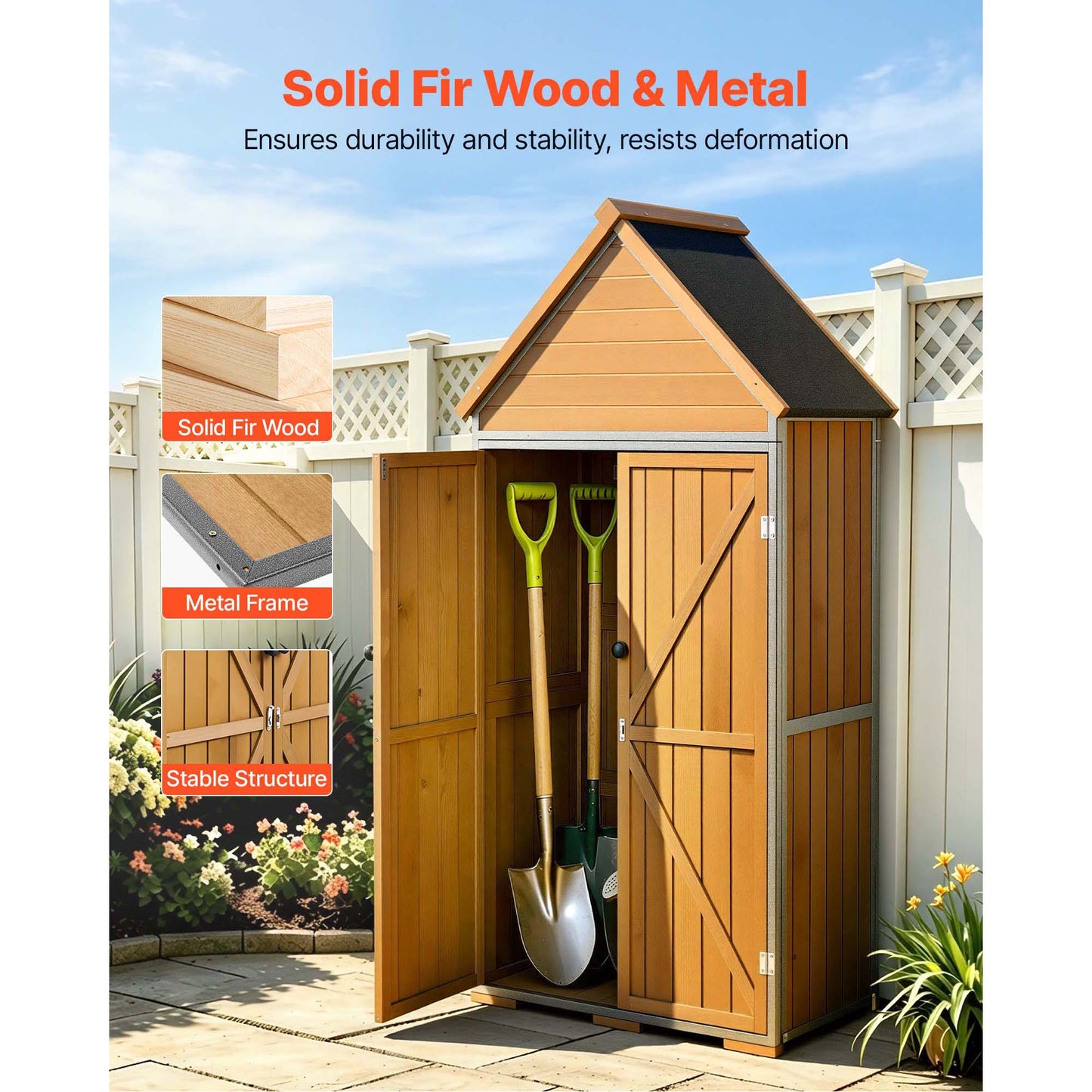 Wood & Metal Garden Tool Storage Shed - Waterproof Lockable Outdoor Cabinet with Shelves and Floor, Brown