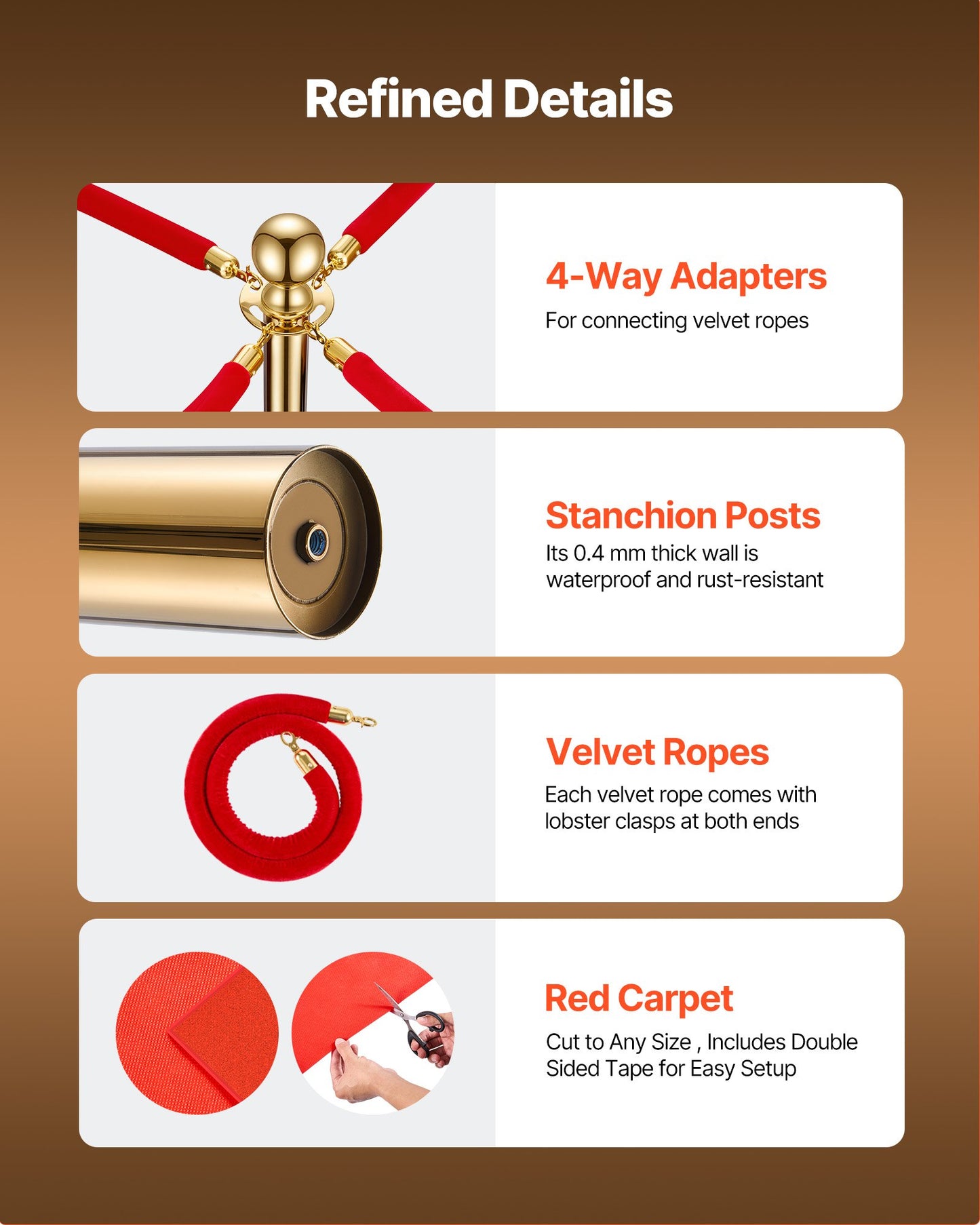 Crowd Control Barrier Set with Velvet Ropes and Red Carpet - Gold Stanchion Posts