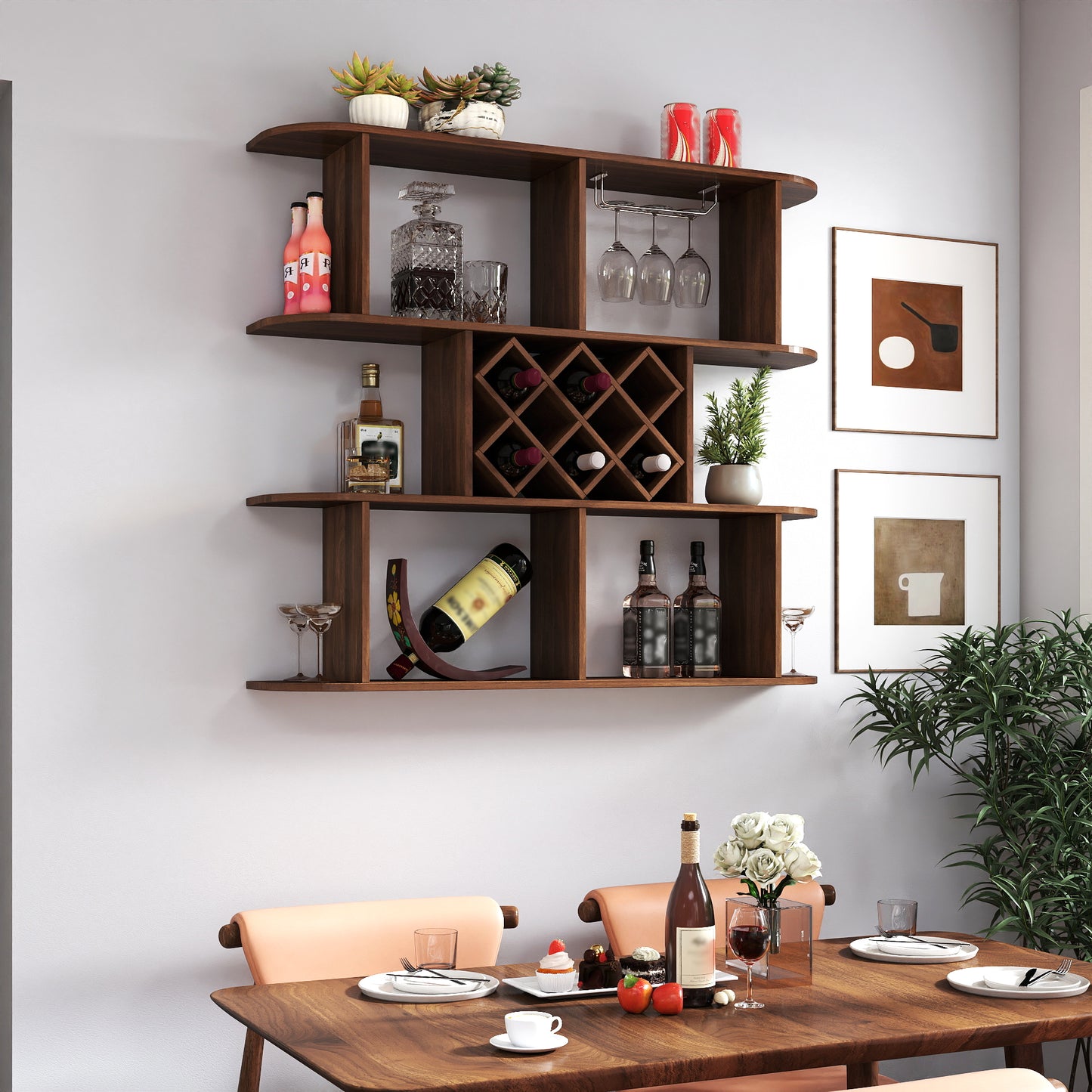 Wall Mounted 3 Tier Rustic Wine Rack with Glass Holder - Walnut