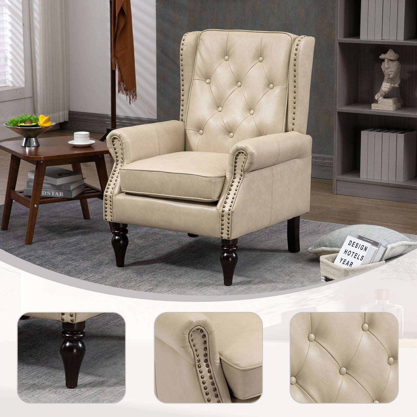Modern Wood Frame Armchair - Camel PU Accent Chair