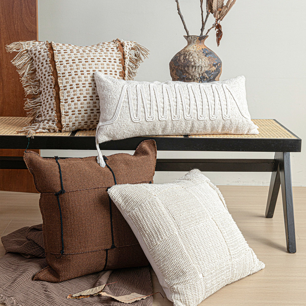 Handmade Patchwork Throw Pillow Set - Woven, Cotton & Linen Cushions for Sofa & Villa Decor