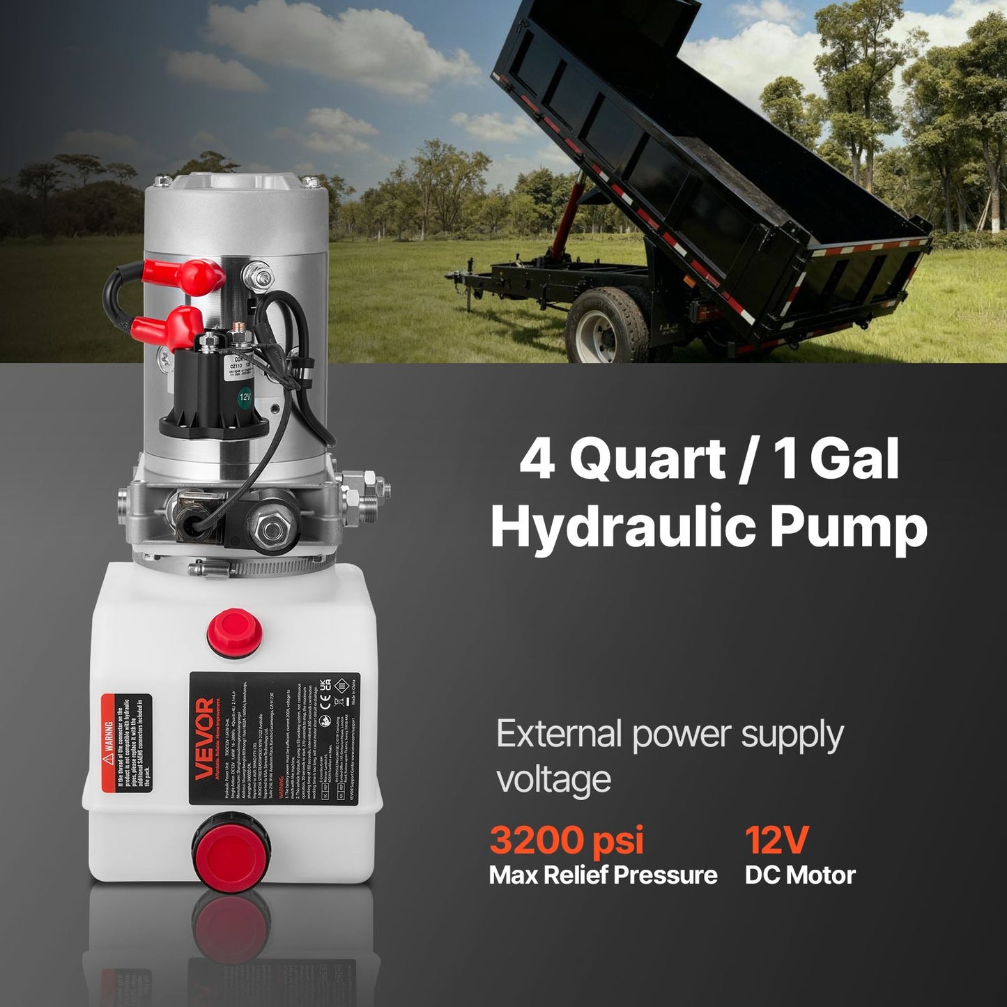 4 Quart Hydraulic Power Unit with Metal Reservoir - 3200 PSI Pump for Dump & Lifting