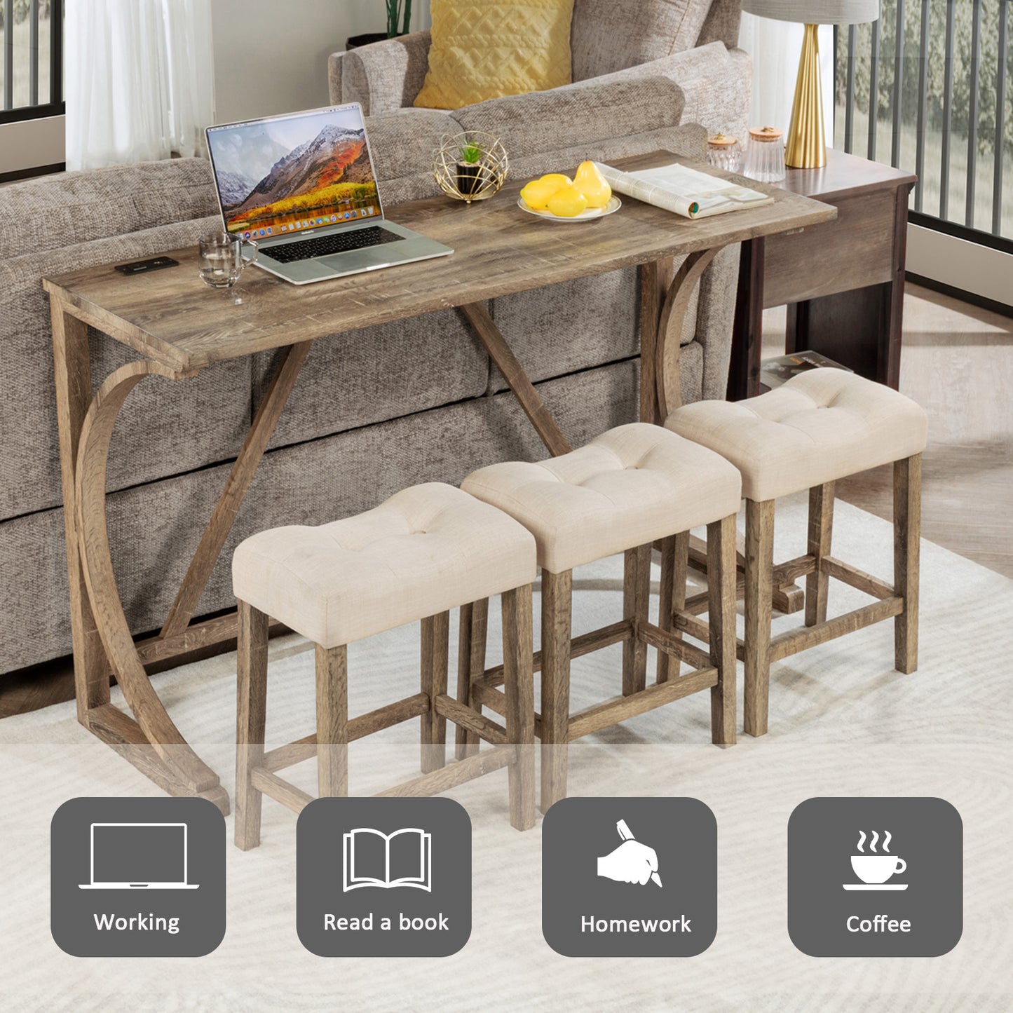 Bar Table Set with Power Outlet - 4-Piece Dining Set with 3 Stools, Brown