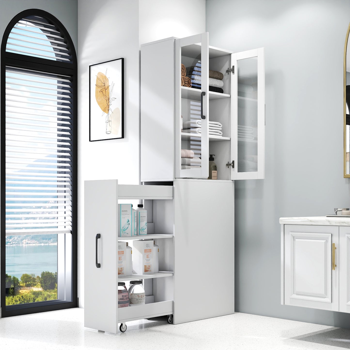 Modern 70.87" H White Display Storage Cabinet with Glass Doors