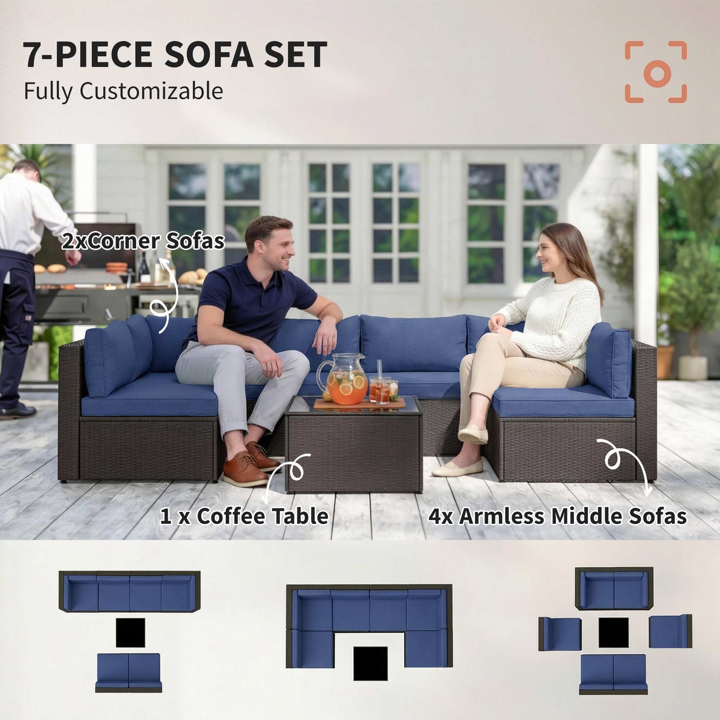 7-Piece Outdoor Rattan Sofa Set with Glass Coffee Table
