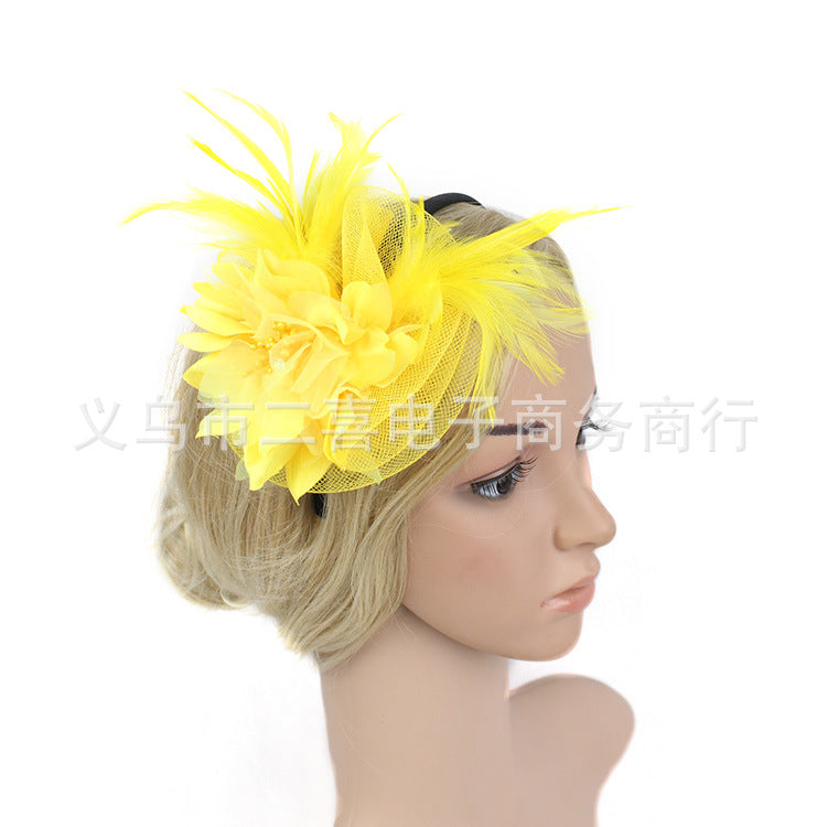 Flower Mesh Feather Headband - Yellow