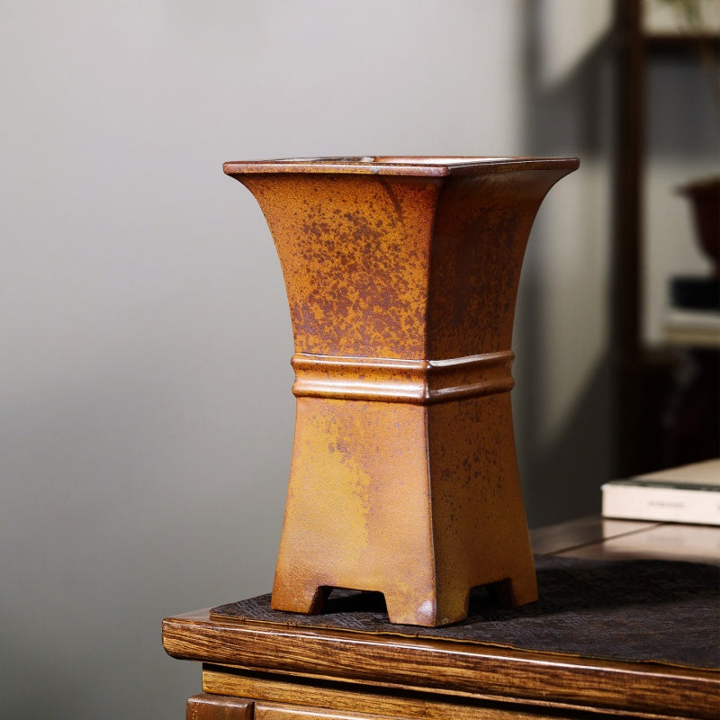 Wood-Fired Square Clay Orchid Pot with Waist Girdle - Home Garden Decor