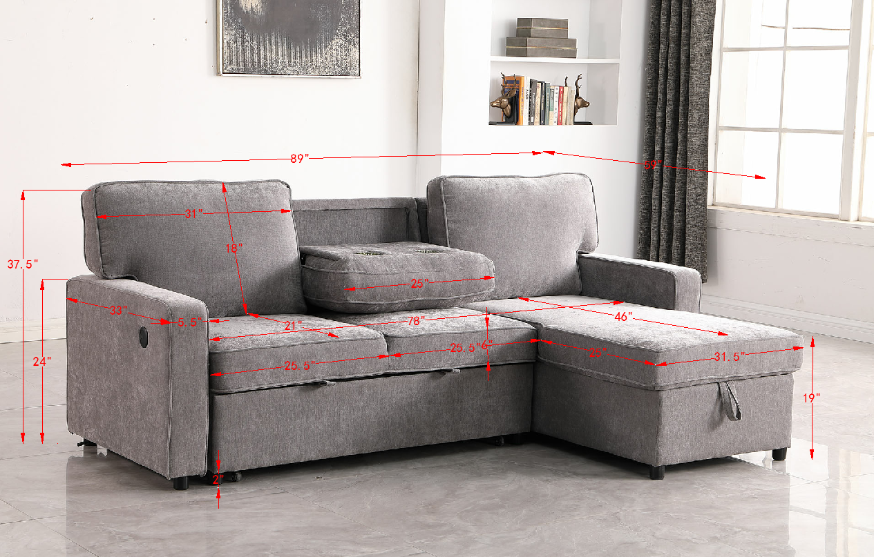 Sectional Sofa Bed with Storage, USB Port & Cup Holders - Gray