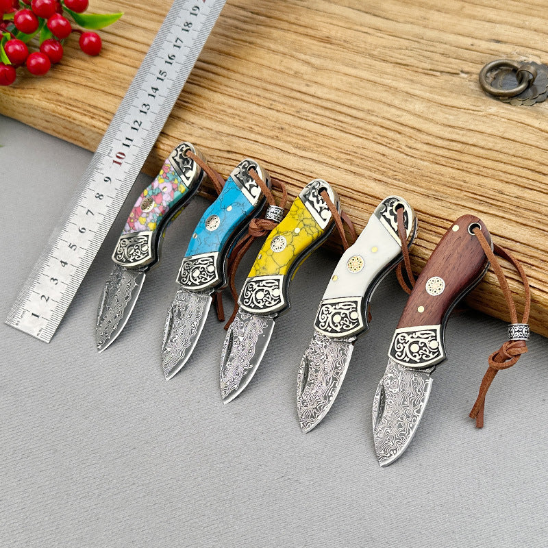 Mini Folding Knife with Damascus Steel Blade and Ox Bone Handle