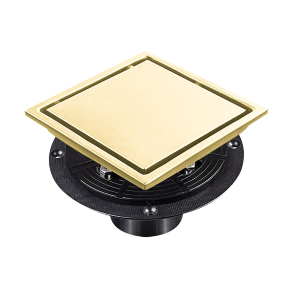 6 Inch Square Shower Drain with Removable Cover & Hair Strainer - Brushed Gold, Stainless Steel
