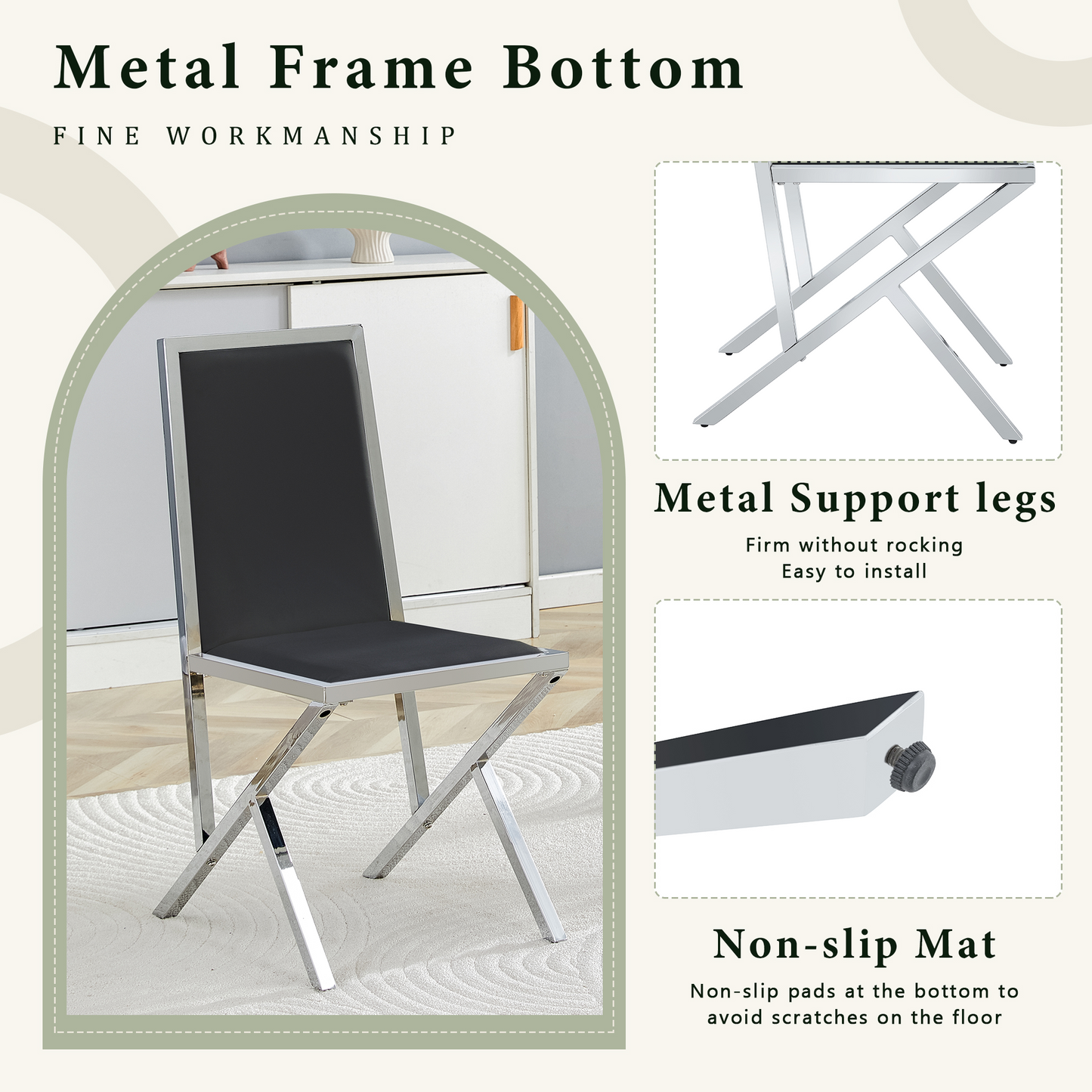 4-pack Silver Metal Framed Black PU Dining Chairs Ergonomic Design, A