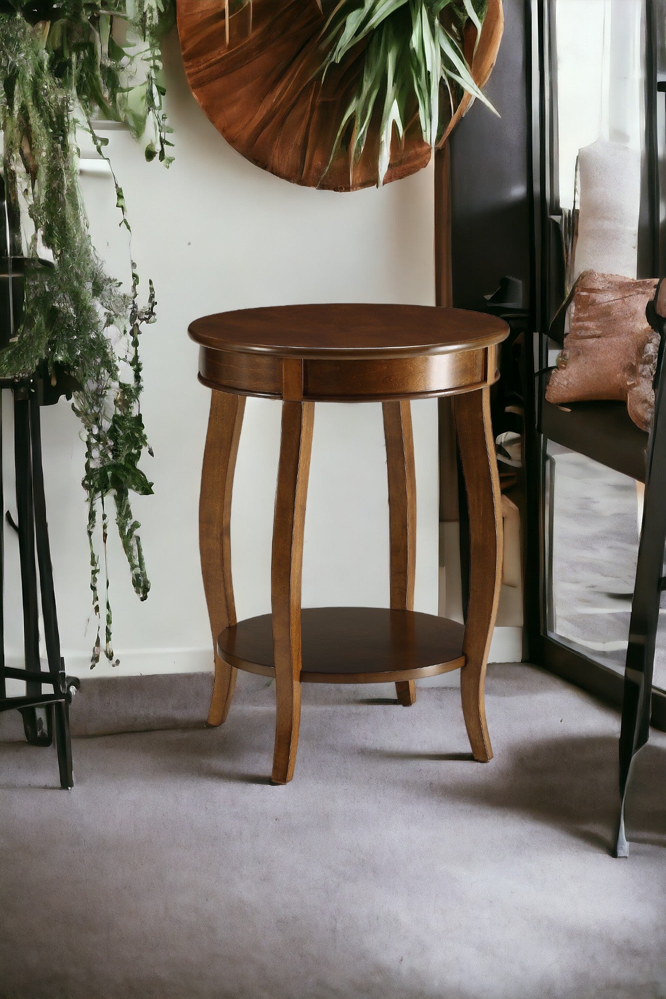 Walnut Finish Accent Table with Open Storage Shelf