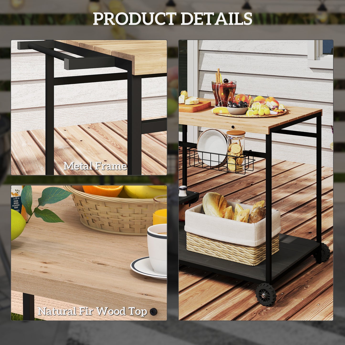 Outdoor Bar Cart with Wine Holders - Natural Wood