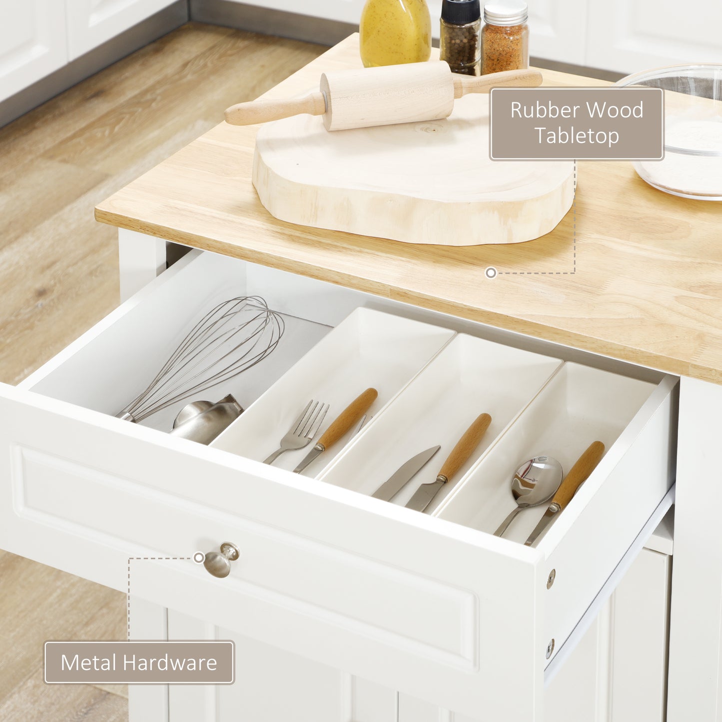 Portable Kitchen Island Cart with Drawer & Towel Racks - Cream White