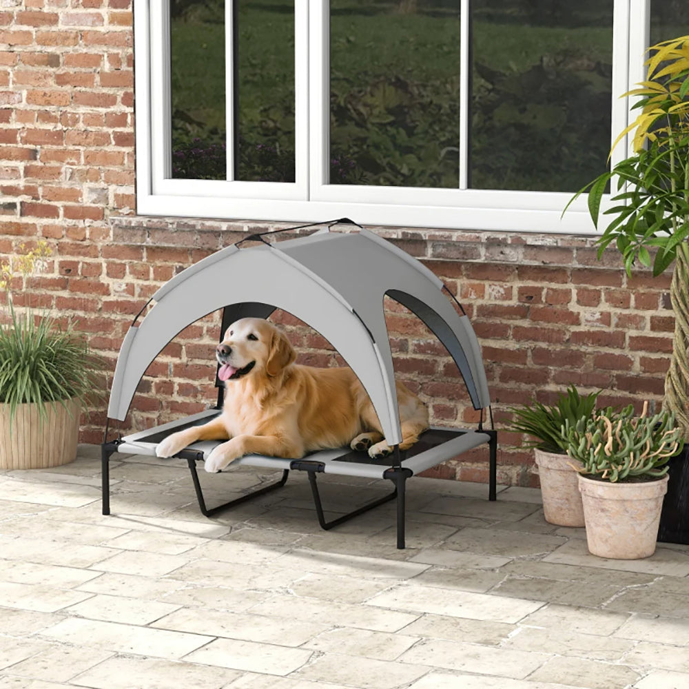 Elevated Outdoor Dog Bed with Canopy - Portable Camping Pet Bed, Breathable Mesh, Light Gray