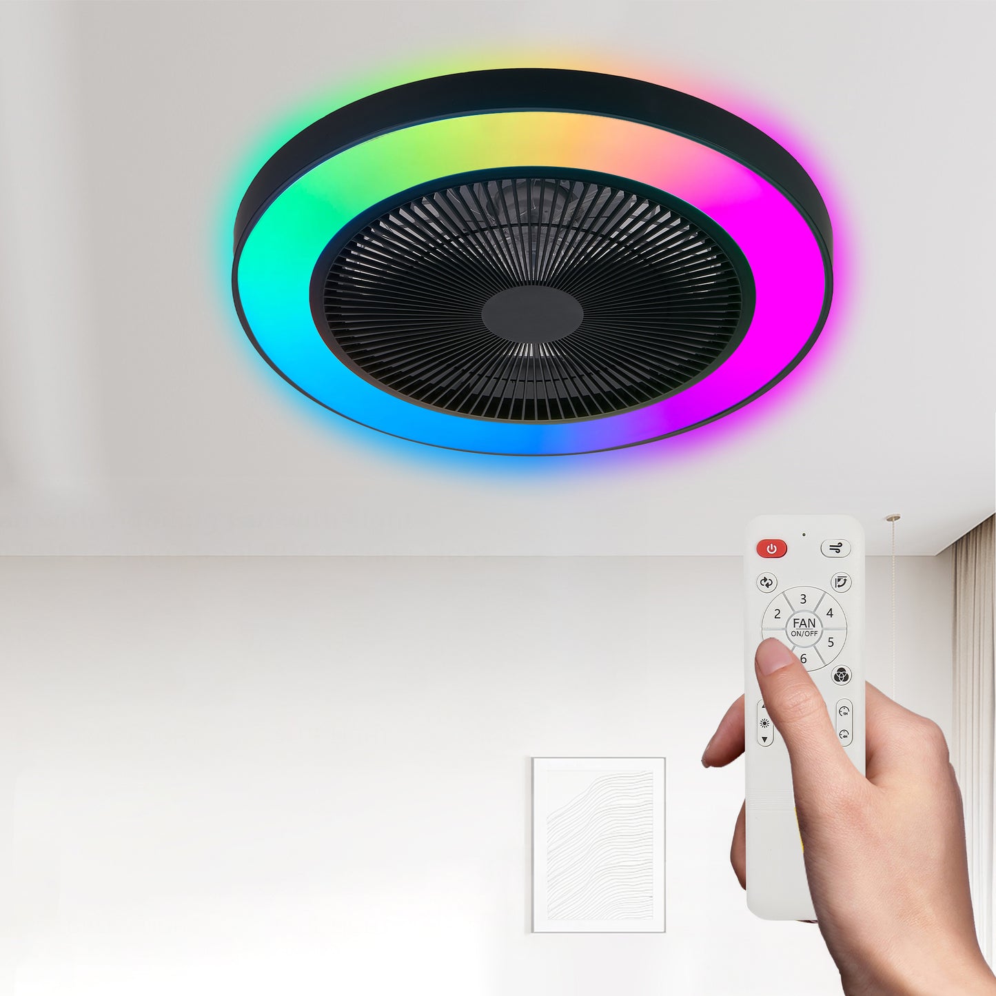 19-Inch Black Ceiling Fan Light with RGB LED & Remote Control