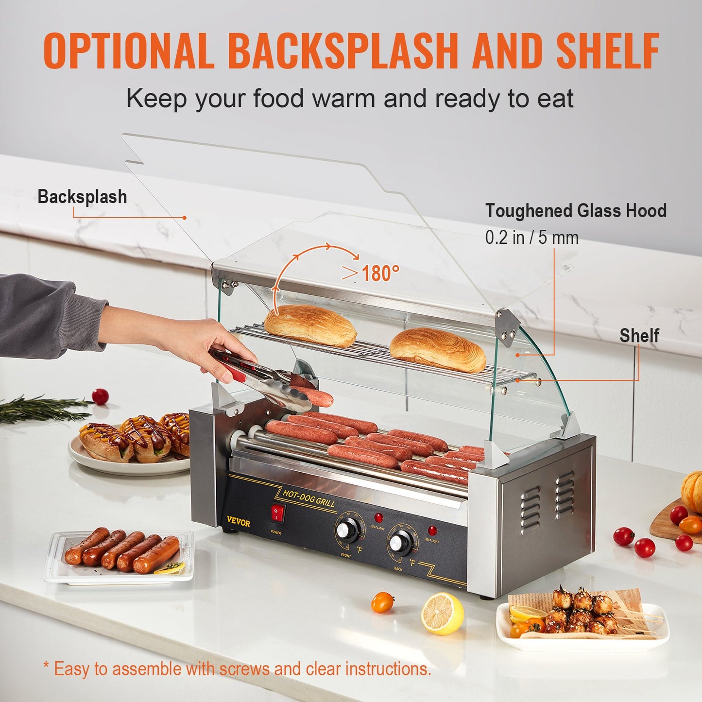 Commercial Hot Dog Roller Grill - 5 Non-Stick Rollers, 12 Hot Dogs Capacity, Stainless Steel, Dual Temperature Control, Silver