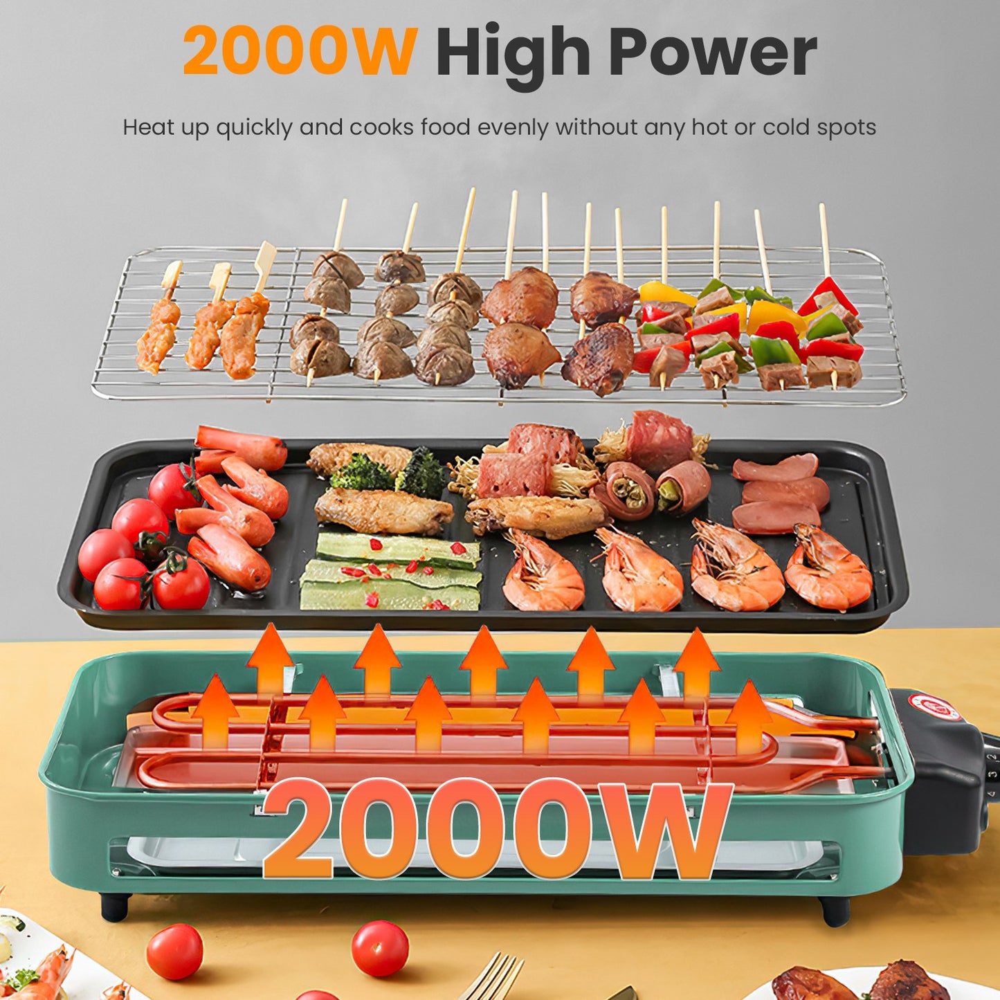 2000W Electric Indoor Grill - 2-in-1 BBQ & Baking Tray