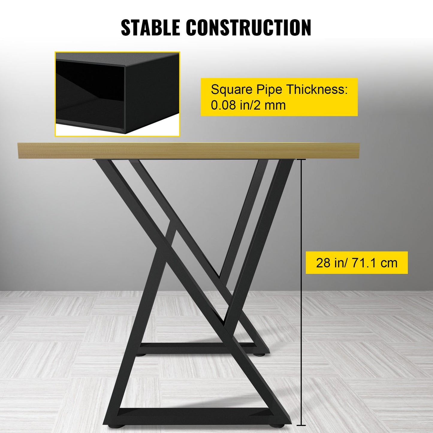 Heavy Duty Metal Table Legs Set of 2 - 28x18 Inch Black Z-Shaped Desk Supports with Rubber Floor Protectors