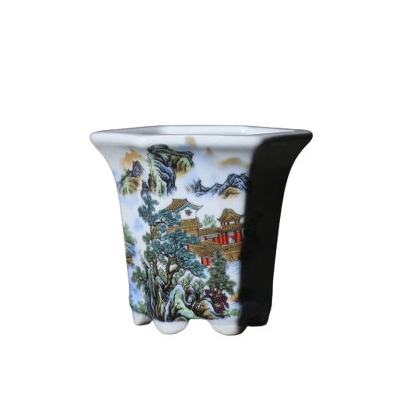 Ceramic Bonsai Pot with Landscape Design, Hexagonal Shape, Multiple Variants