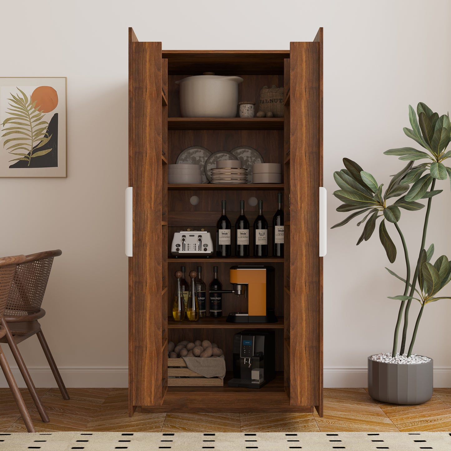 62.99in Walnut Kitchen Pantry Cabinet with Doors & Shelves