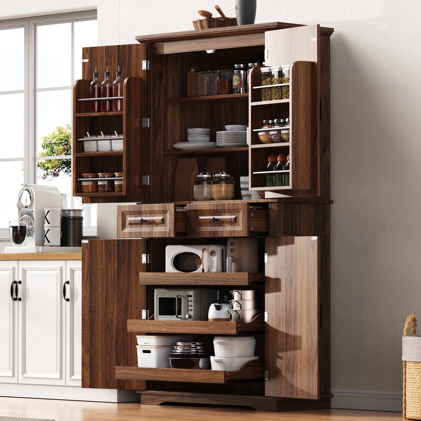 K&K 71 Tall Kitchen Pantry Cabinet With 3 Pull Out Organizers,