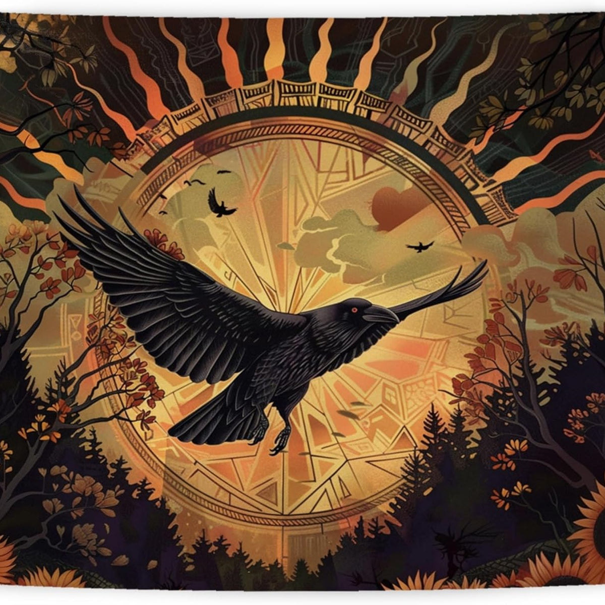 Halloween Raven Sunflower Tapestry - Gothic Wall Decor for Home & Garden