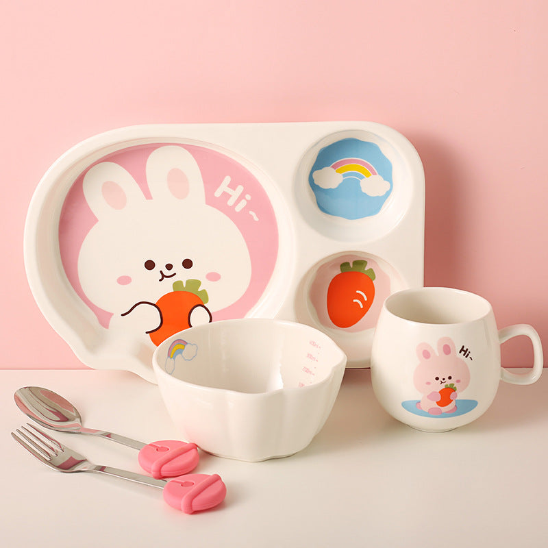 Children's Dinnerware Set with Cartoon Rabbit Design - Plates, Bowls, Cups & Utensils, Multiple Pieces