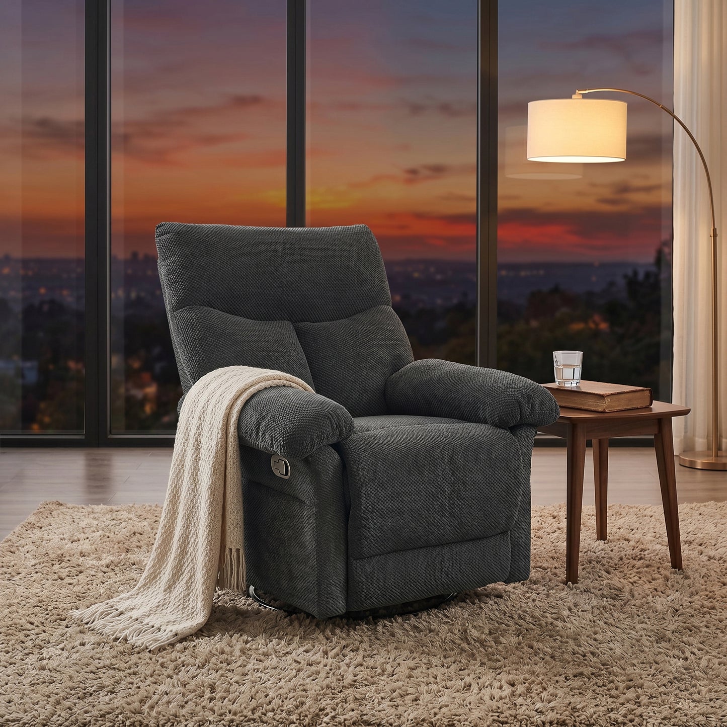 Modern Swivel Rocker Recliner Chair - Dark Gray Fabric Armchair