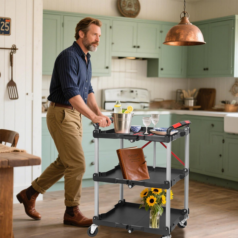 Heavy Duty Foldable Utility Service Cart with 3 Shelves, Swivel Wheels & Handle