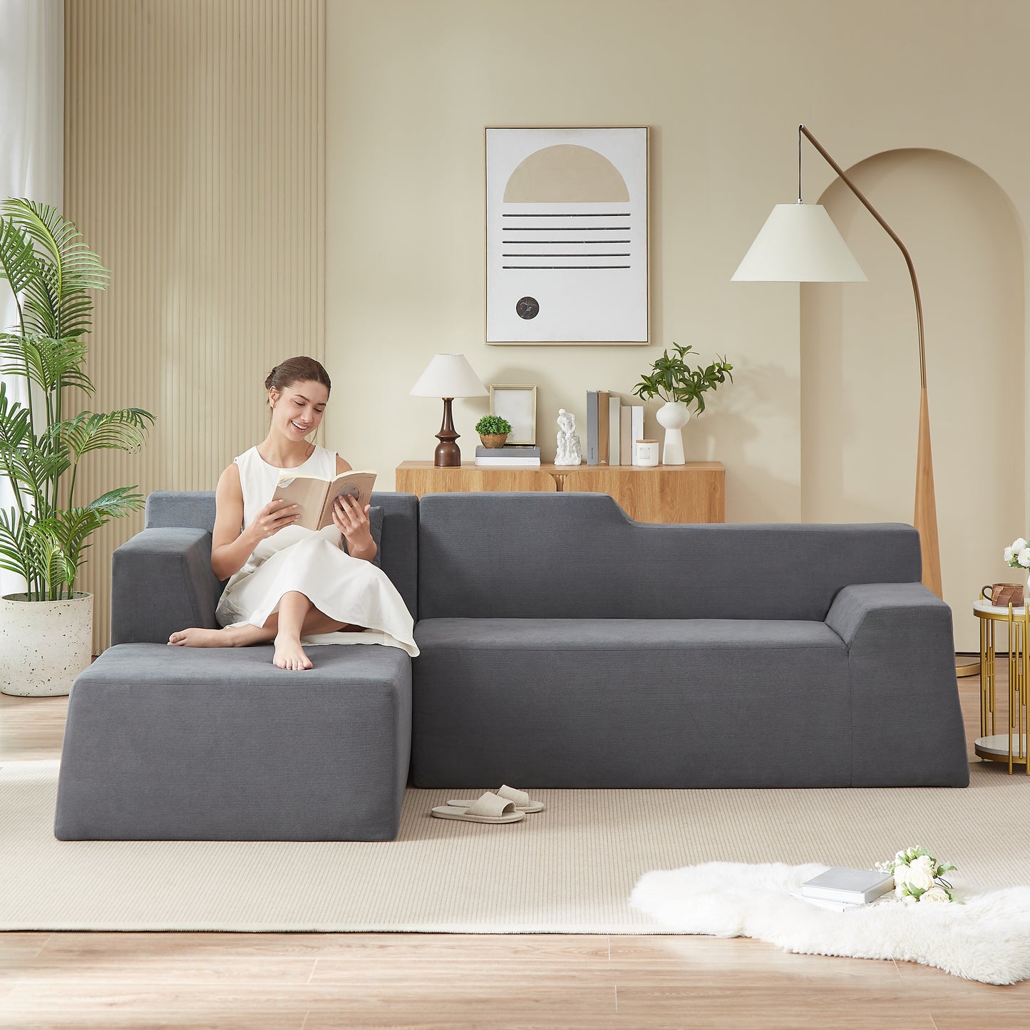 L-Shaped Corduroy High Back Sofa - Modern Minimalist Design