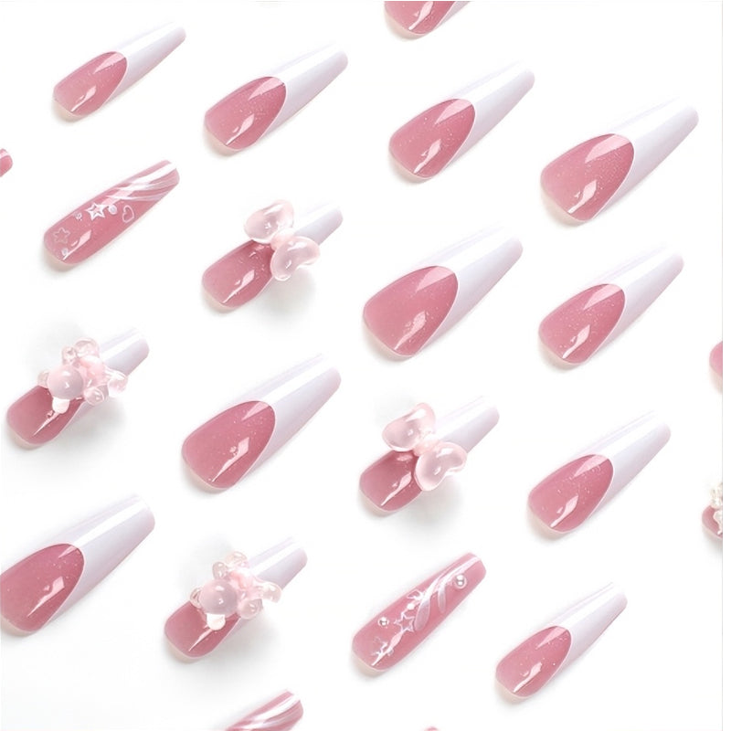 24-Piece Bear & Bowknot Press-On Nails - Long Square False Nail Tips