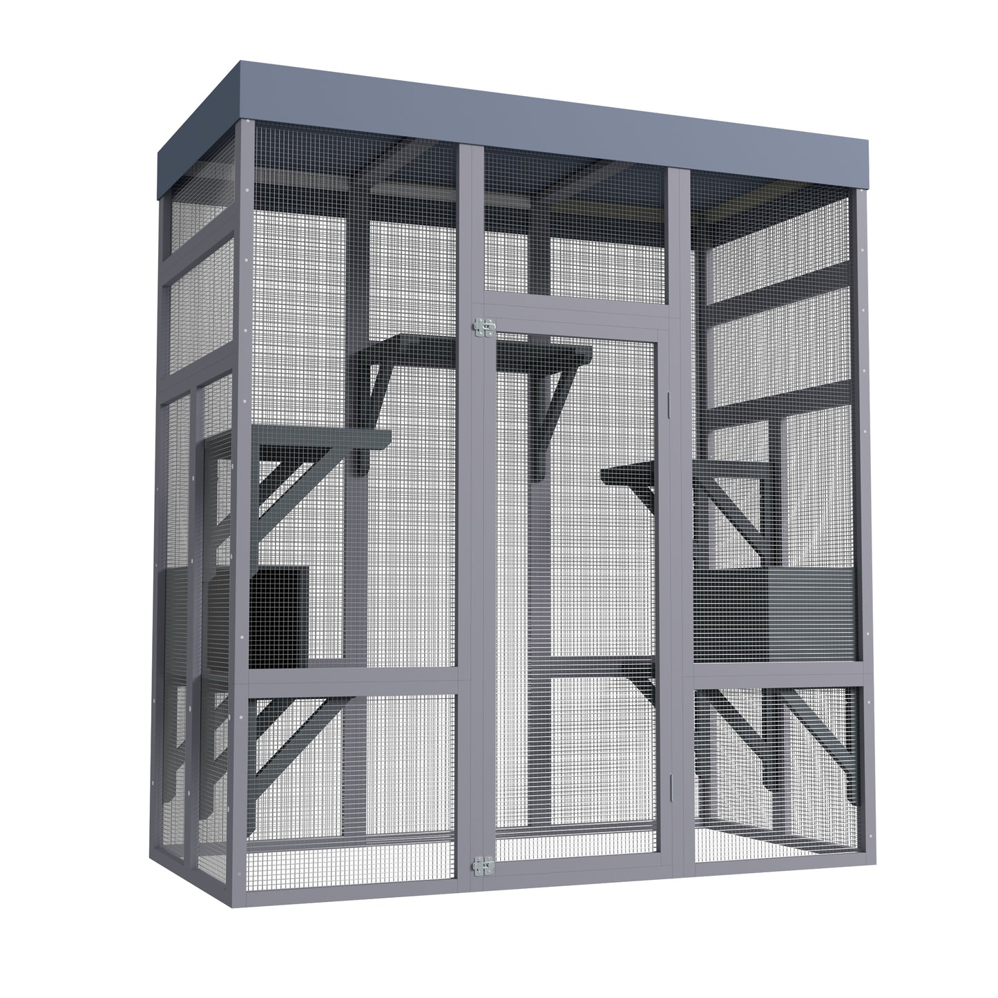 Outdoor Wooden Cat Enclosure with Waterproof Roof and Multiple Levels - Gray